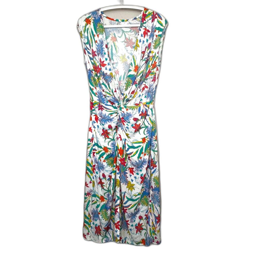 Amiani Floral Twist Front Midi Dress Tropical Print Beach Cover-Up White M - Picture 2 of 8
